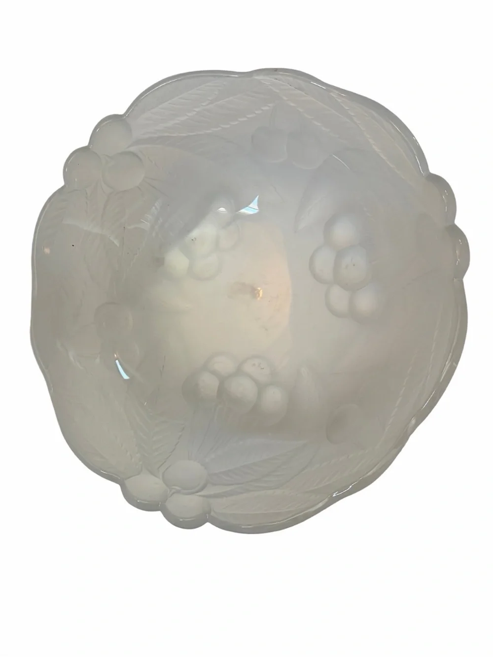 Vintage Frosted Glass 9” Bowl Cherry Leaf Pattern